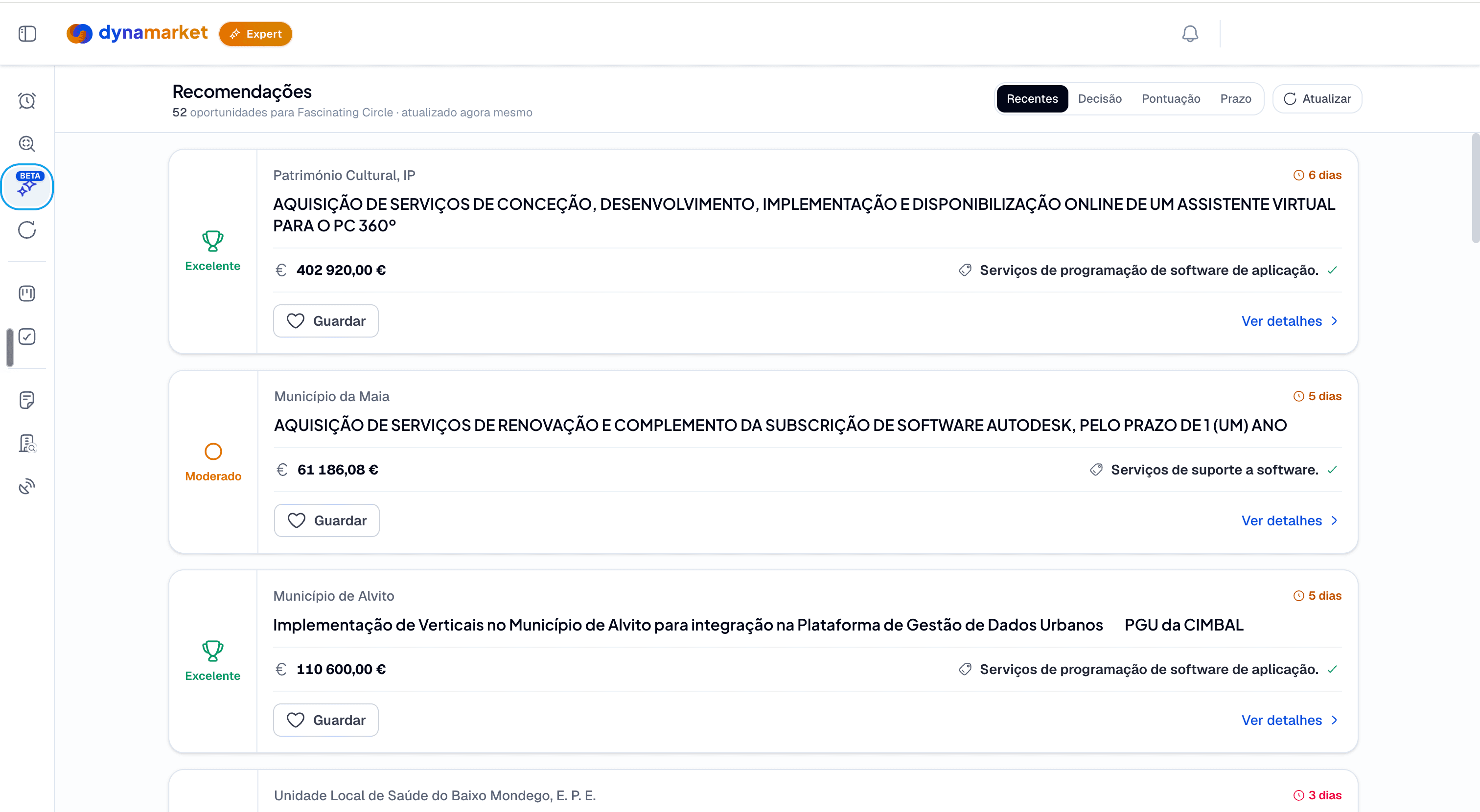 Recomendações IA de concursos públicos com pontuação de compatibilidade, prazo e valor base