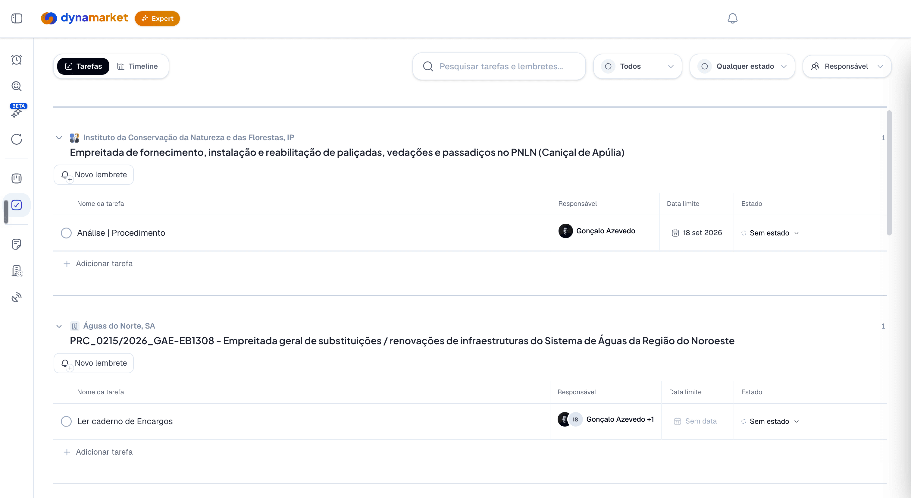 Tarefas e lembretes da candidatura a concurso público, com responsáveis e datas limite